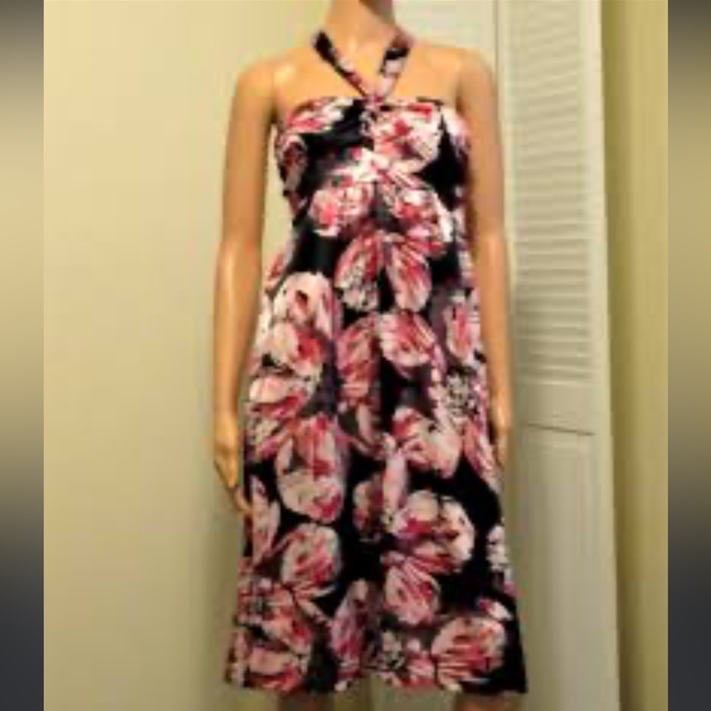 The Limited Black Strapless Floral Halter Dress with Pink and White Blooms